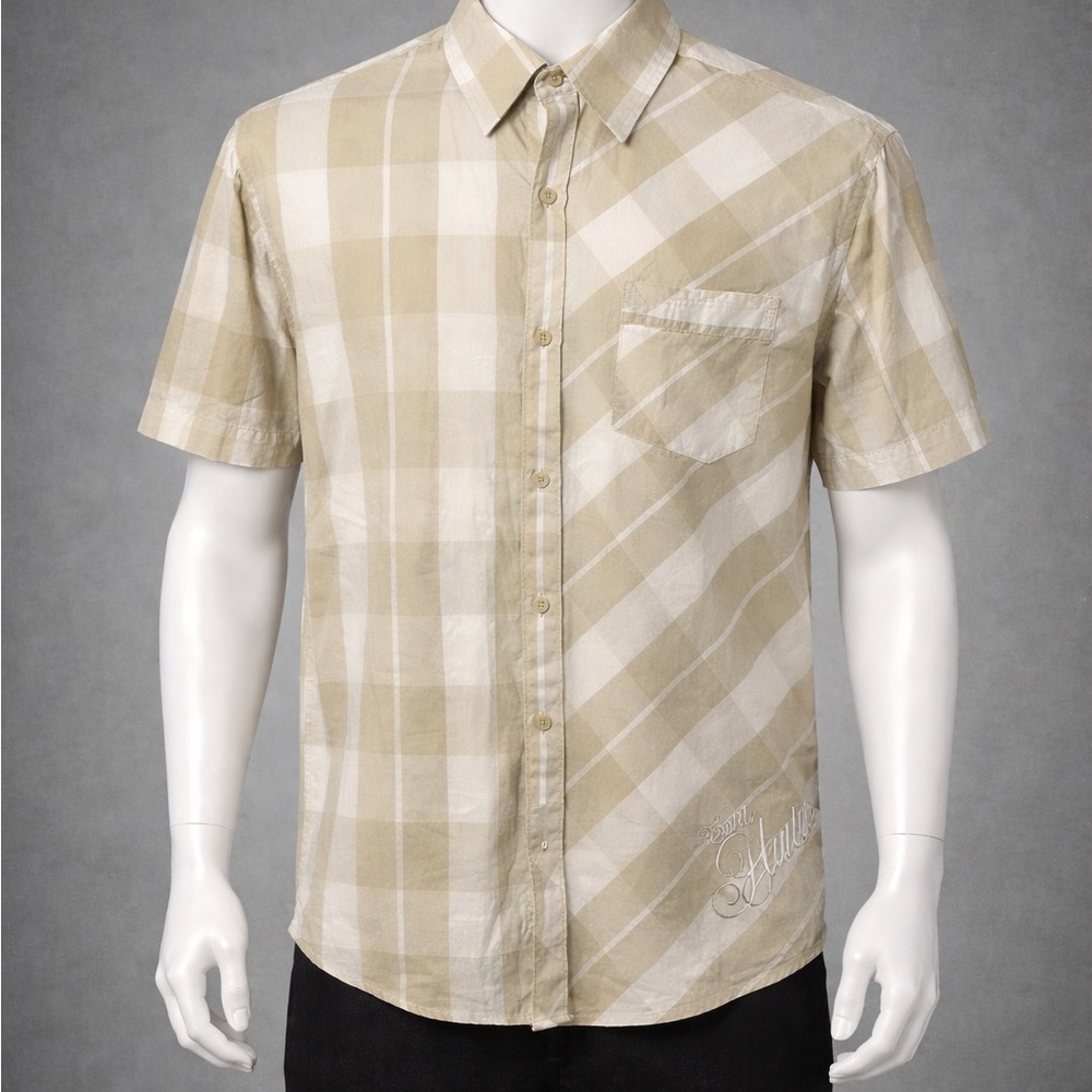 Tony Hawk Plaid Button Down Shirt Size L Beige Skate Streetwear Cotton